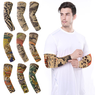 跨境防晒冰丝袖套户外骑行高弹透气护臂仿真花臂刺青纹身无缝