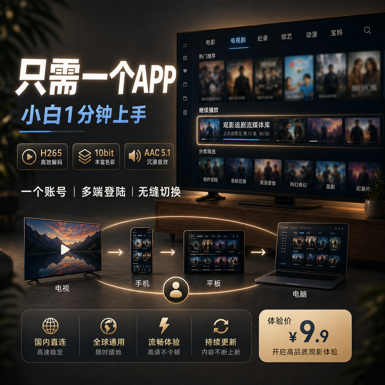 电视app/追剧观影/电视手机平板电脑/高清画质/高端体验/操作简单