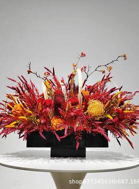 现中代新式红色仿真花艺干花摆件客UYY厅样板间桌餐酒店档软装饰
