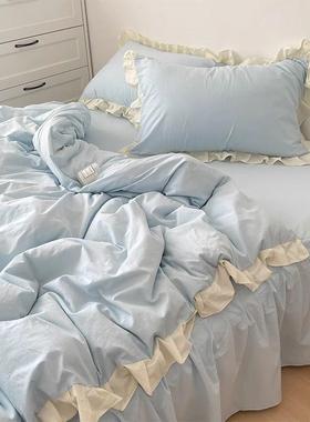 森花系清薄新荷绿色水洗棉VAL边纯棉套四件套少女心宿被舍床单三