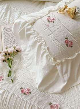 风公主泡纱刺绣YUK水泡洗棉四件套纯色花边被套舍宿三件套可