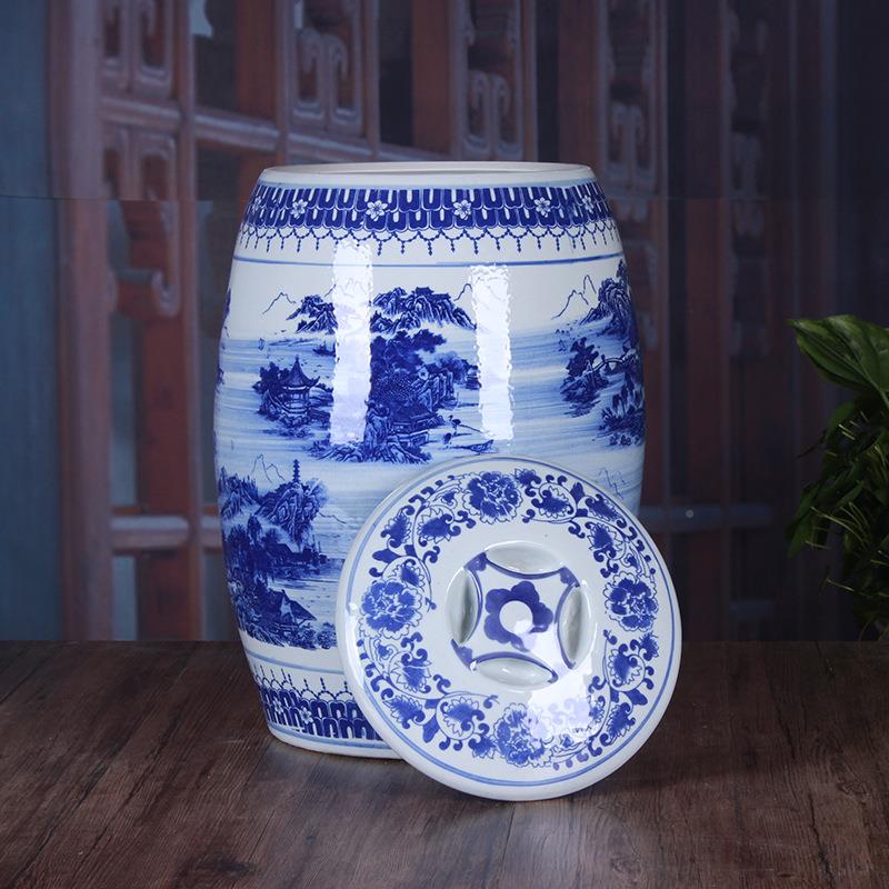 景德镇居中式陶米缸青花山水WVM瓷柱形米桶油桶防潮防霉家收圆藏