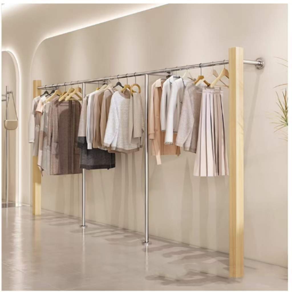 服装店上墙展示架落地女装店货架挂衣架不锈钢落地式挂杆实木