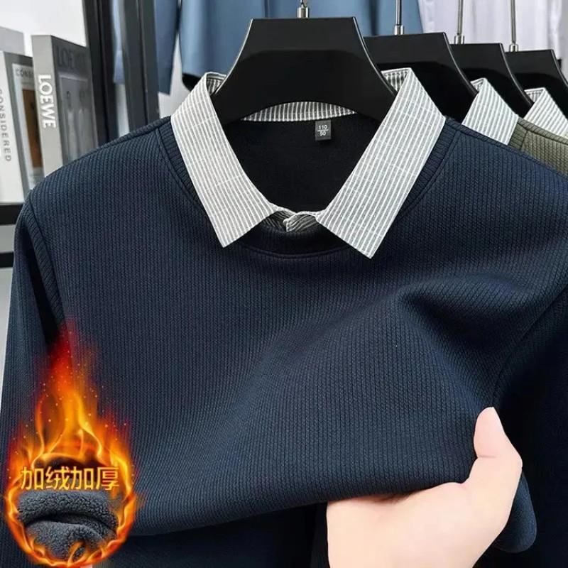 友乐轻奢男装f冬季假两件长袖加S绒加厚款Polo衫韩版条G纹上衣商