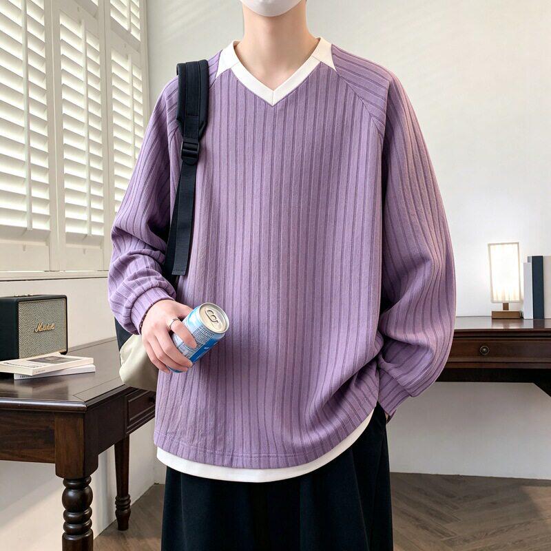 专柜】青少年大码撞色拼接条纹V领卫衣秋季新款时尚百搭休闲上衣