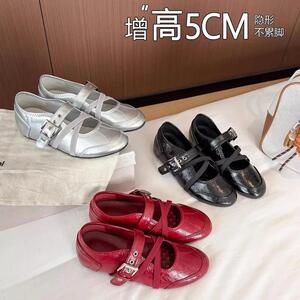 觅华轻奢女鞋店软皮内增高5CM休闲鞋女法式复古交叉扣带芭蕾舞鞋