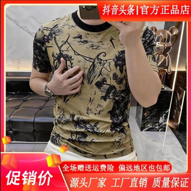 尤米轻奢男装LMVQ水墨画印花圆领短袖男士修身休闲百搭半袖T恤