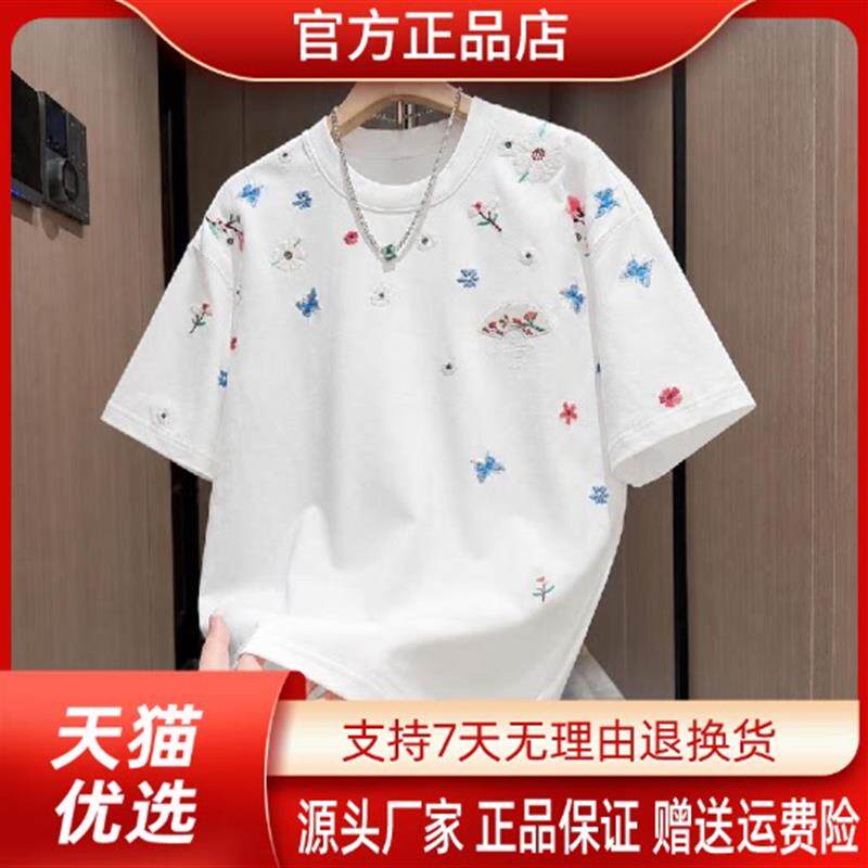 泽衿服饰蝶恋花刺绣圆领短袖T恤男士扇子国风潮牌夏季新款韩版T恤
