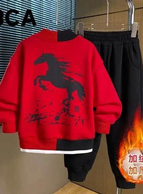 顺志华天甄选马年男n童r中大童红色冬季加绒保暖休闲套装hh