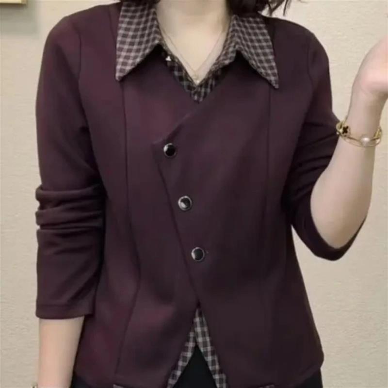 2麓言中年女装假两件衬衫女秋季新款气质减龄显瘦遮肉洋气格纹领