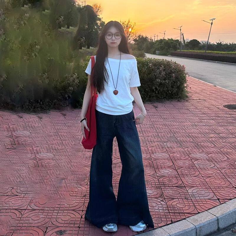 纯欲风白色斜肩上衣女夏季宽松显瘦百搭露肩设计感一字领t恤短袖