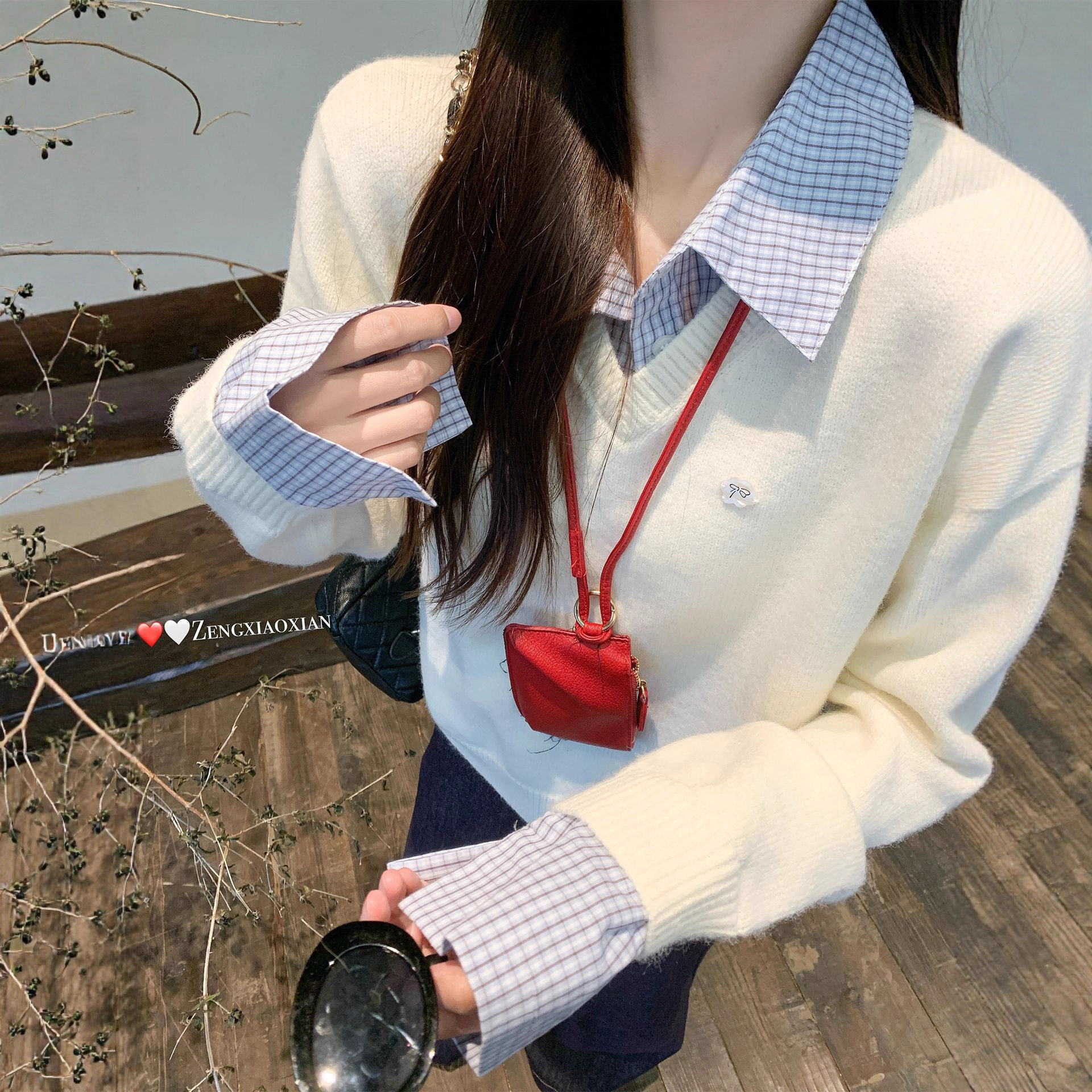 小众25新款韩系早秋假两件翻领套头毛衣女秋季衬衫拼接针织衫上衣