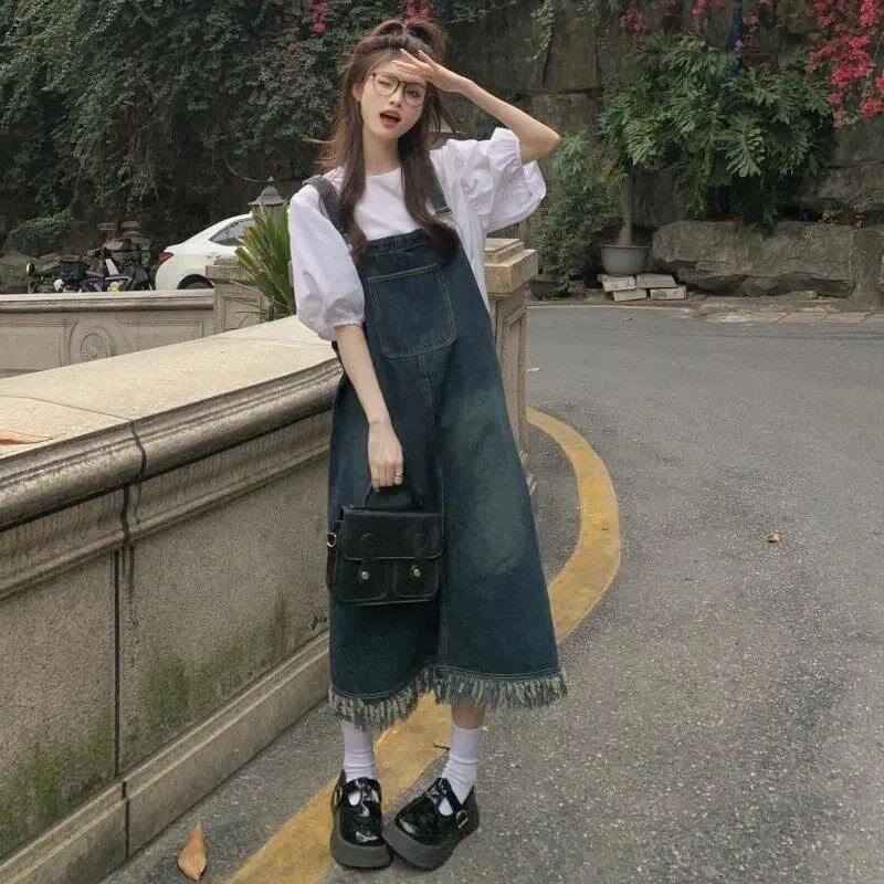 多巴胺复古牛仔背带裙女