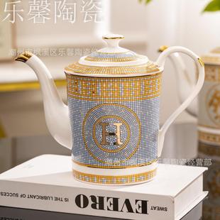 家用下午茶壶欧式 陶瓷咖啡壶礼盒装 高颜值陶瓷金色冷水壶跨境