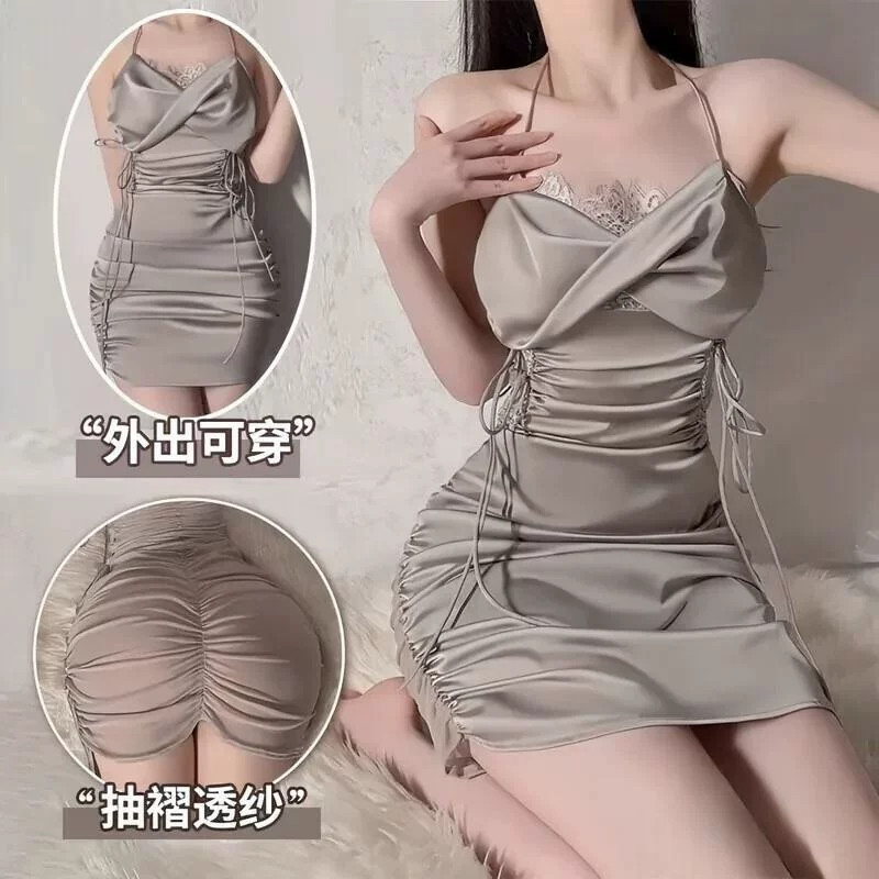 性感钢圈小胸显大聚拢带胸垫睡衣女款冰丝吊带睡裙蕾丝大码睡袍装