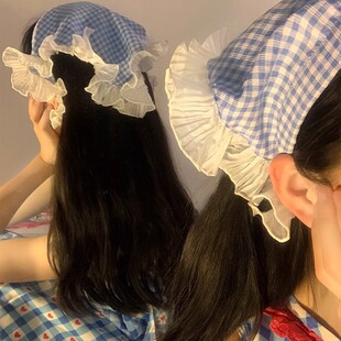 夏日多巴胺红蓝格子头巾发箍法式甜美蕾丝边甜妹头箍拍照头饰