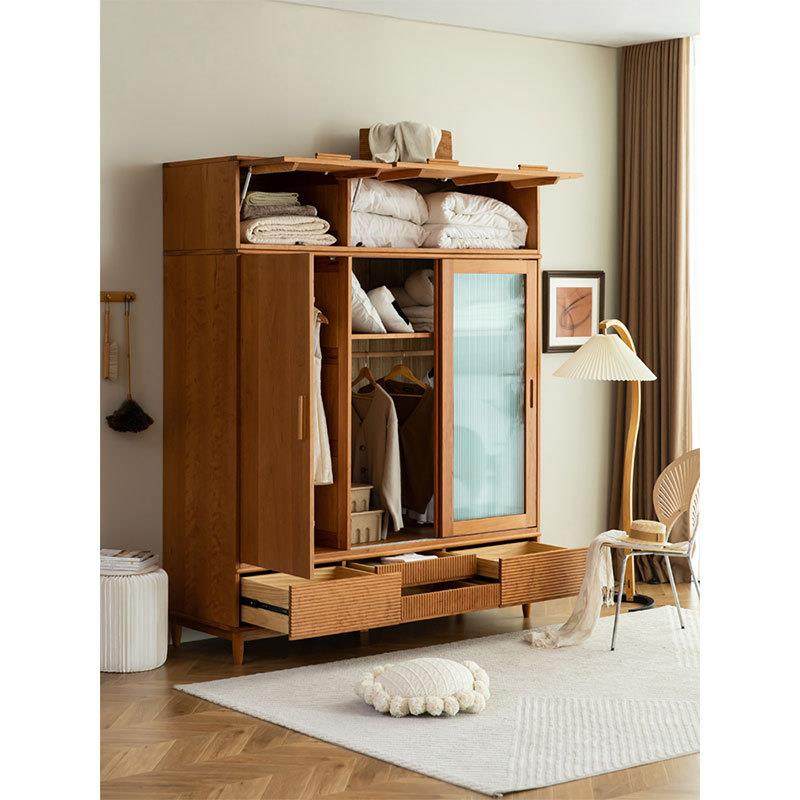 北欧日式家用卧室衣橱玻璃推拉门实木大衣柜经济型