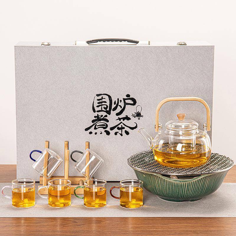 围炉煮茶茶具套装绿色电陶炉日式高硼硅玻璃提梁壶室内配件可