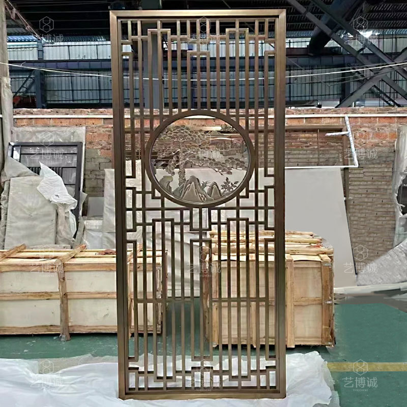 公司大厅正对入门玄关高档简约新中式屏风不锈钢客厅花格隔断