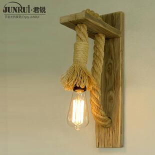 美式客厅壁灯床头灯壁挂灯卧室复古创意楼梯过道田园实木麻绳灯具
