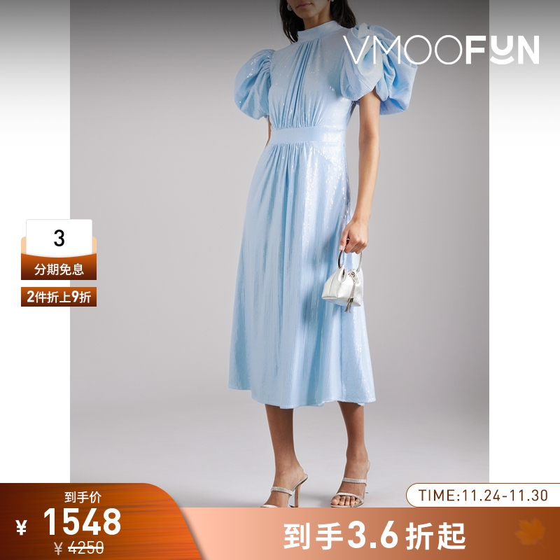 【折扣】Rotate 夏季女蓝色缩褶亮片绉纱法式连衣裙