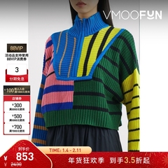 【折扣】STAUD 女秋冬彩色拼色条纹半拉链毛衣