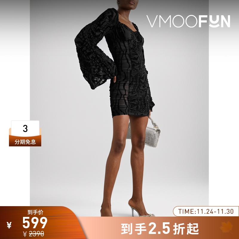 【折扣】Rotate 女褶饰植绒网布迷你连衣裙礼服裙