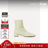 秋冬女皮革尖头粗跟裸靴白色短筒靴 FAR  折扣