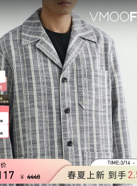 【季末折扣】SYSTEM  秋冬男宽松古巴领条纹西装外套