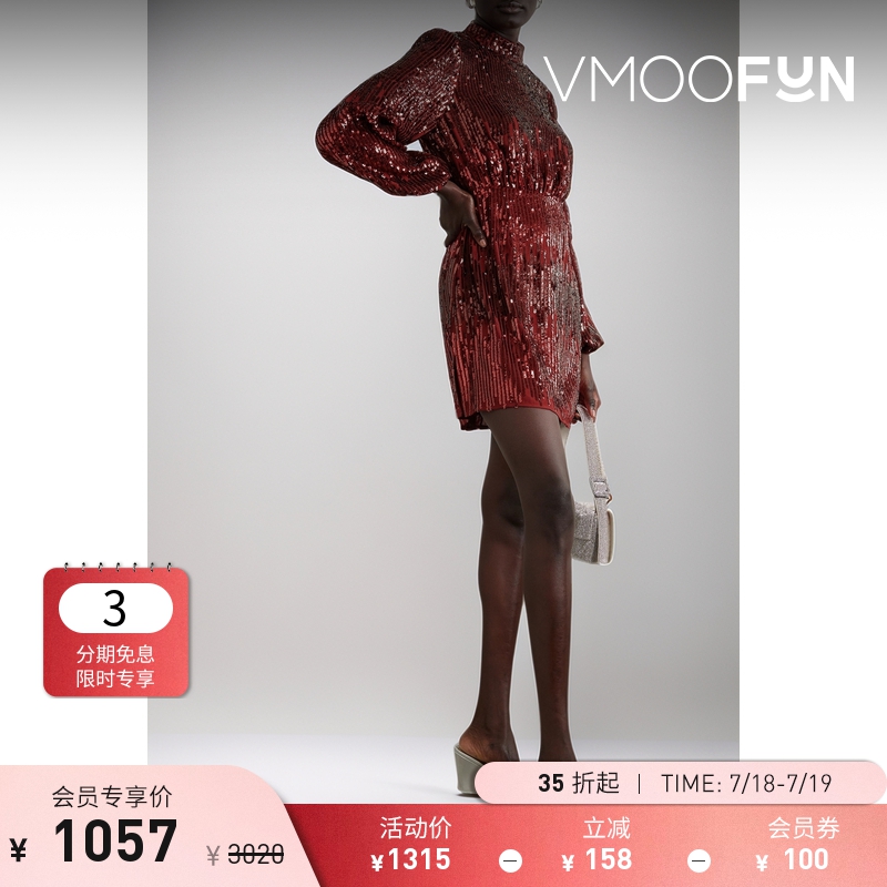 【折扣】Rixo  早春女亮片绉纱礼服裙连衣裙