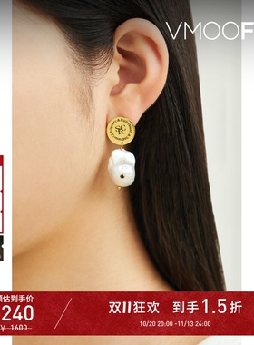 【D11抢先购】SPORTY & RICH 冬季女珍珠方晶锆石金色耳环