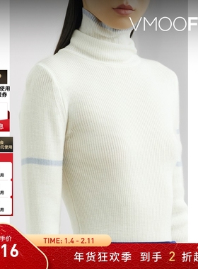 【折扣】CFCL 秋冬女混纺灰蓝色条纹高领上衣