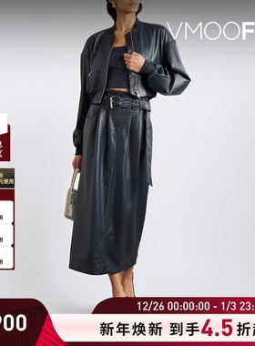 【折扣】Rotate 女秋冬编织皮革短款飞行员夹克外套