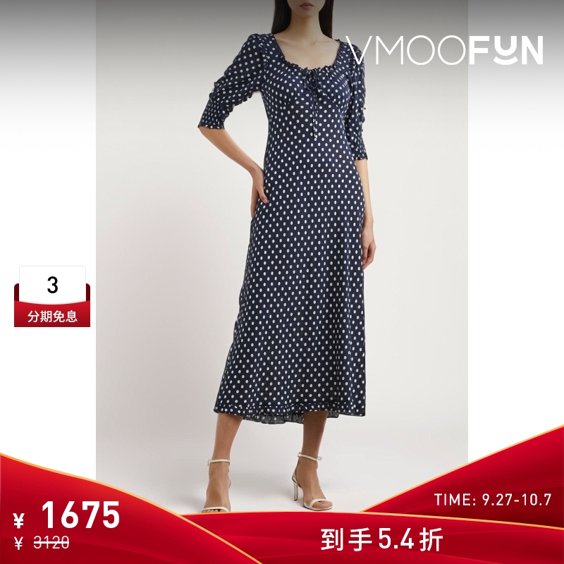 【折扣】RIXO女士露背波点平纹布中长连衣裙