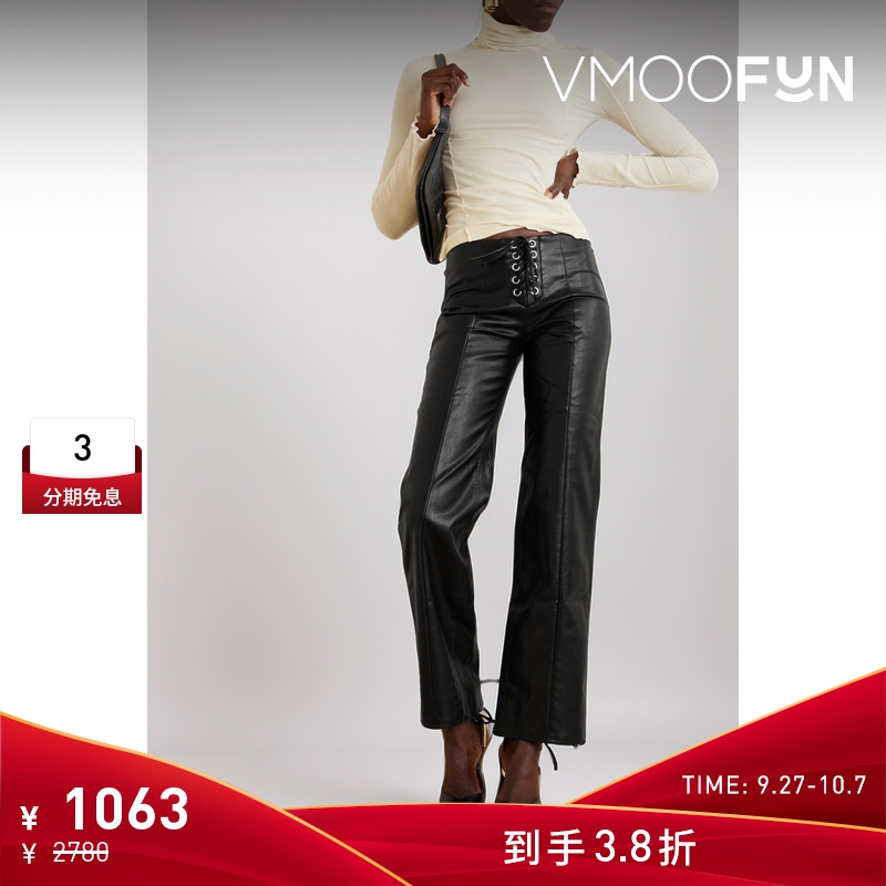 【折扣】Rotate 早春女绑带式人造皮革直筒裤休闲裤