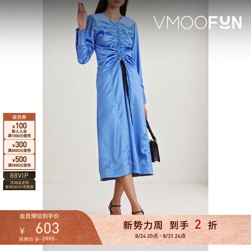 【折扣】GANNI春夏女士褶饰挖剪弹力缎布中长连衣裙