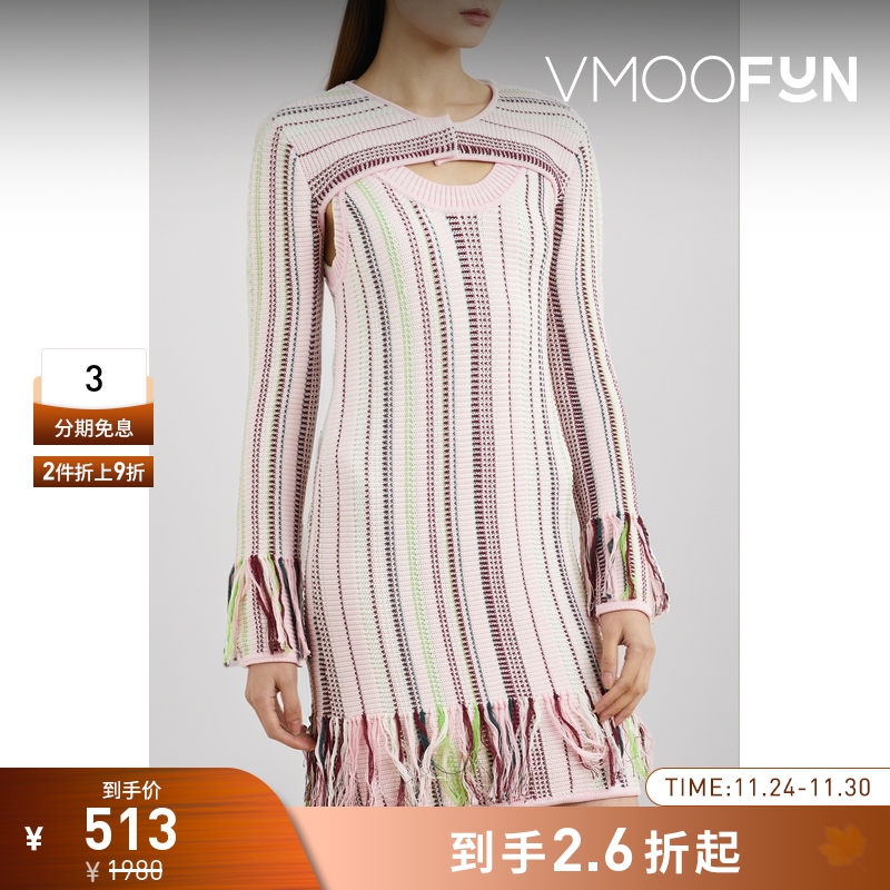 【折扣】STAFFONLY 女别致流苏条纹针织上衣