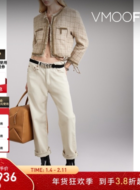 【折扣】R13 女秋冬链条缀饰金属感羊毛混纺花呢短款外套