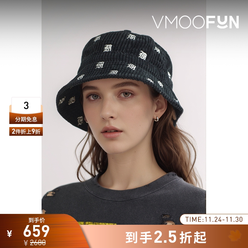 【折扣】R13 女刺绣棉质灯芯绒黑色渔夫帽