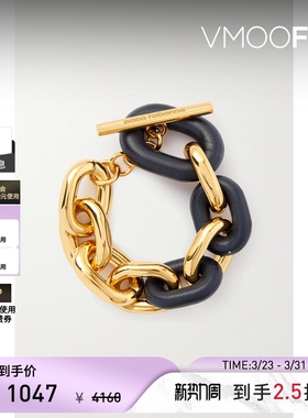 【礼物】Paco  Rabanne 女金属黑色皮革拼接手链