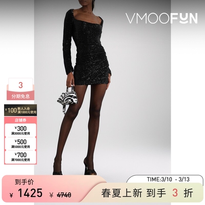 GAUGE81春夏女亮片绢网迷你长袖礼服裙连衣裙小黑裙