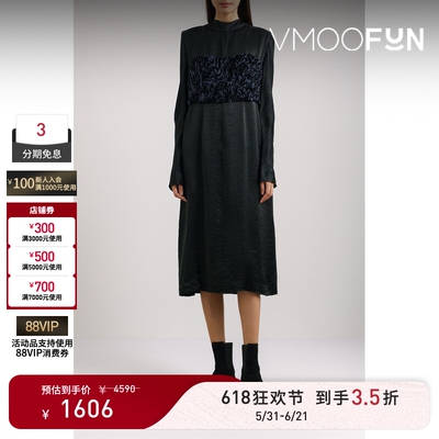 【618狂欢】TOGA 春夏女拼接褶饰缎面中长小黑裙长袖连衣裙