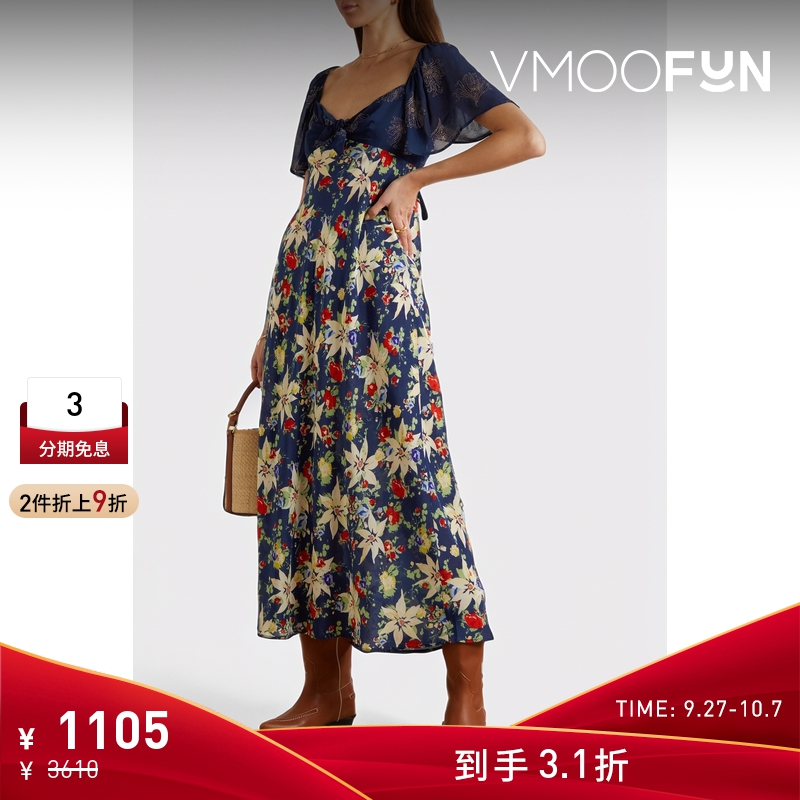 【折扣】Rixo  女印花真丝中长V领法式连衣裙碎花裙