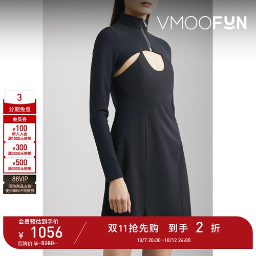 【D11抢先购】COPERNI 秋女贴花挖剪弹力中长长袖连衣裙小黑裙