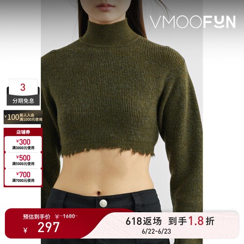 【618返场】MARK GONG 女秋冬毛边半高领短款针织衫