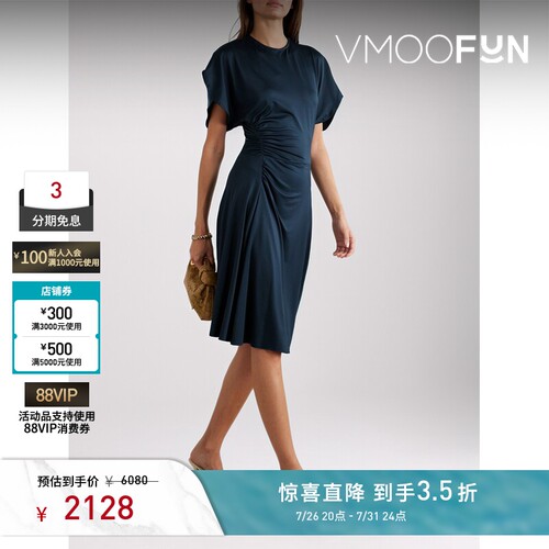 【夏季特惠】VICTORIA BECKHAM春女缩褶缎面平纹布中长连衣裙