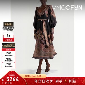 【折扣】Zimmermann 秋冬女配腰带印花丝麻欧亘纱中长连衣裙