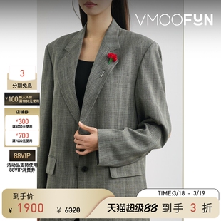 【季末折扣】pushBUTTON秋冬女带缀饰挖剪格纹平纹布西装外套