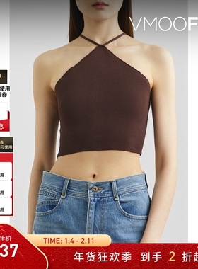 【折扣】DRAE 女弹力针织短款挂脖上衣