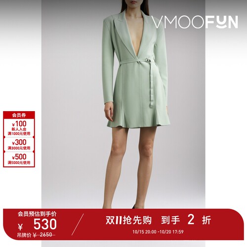 【D11抢先购】Norma Kamali 夏女配腰带大V领迷你长袖连衣裙